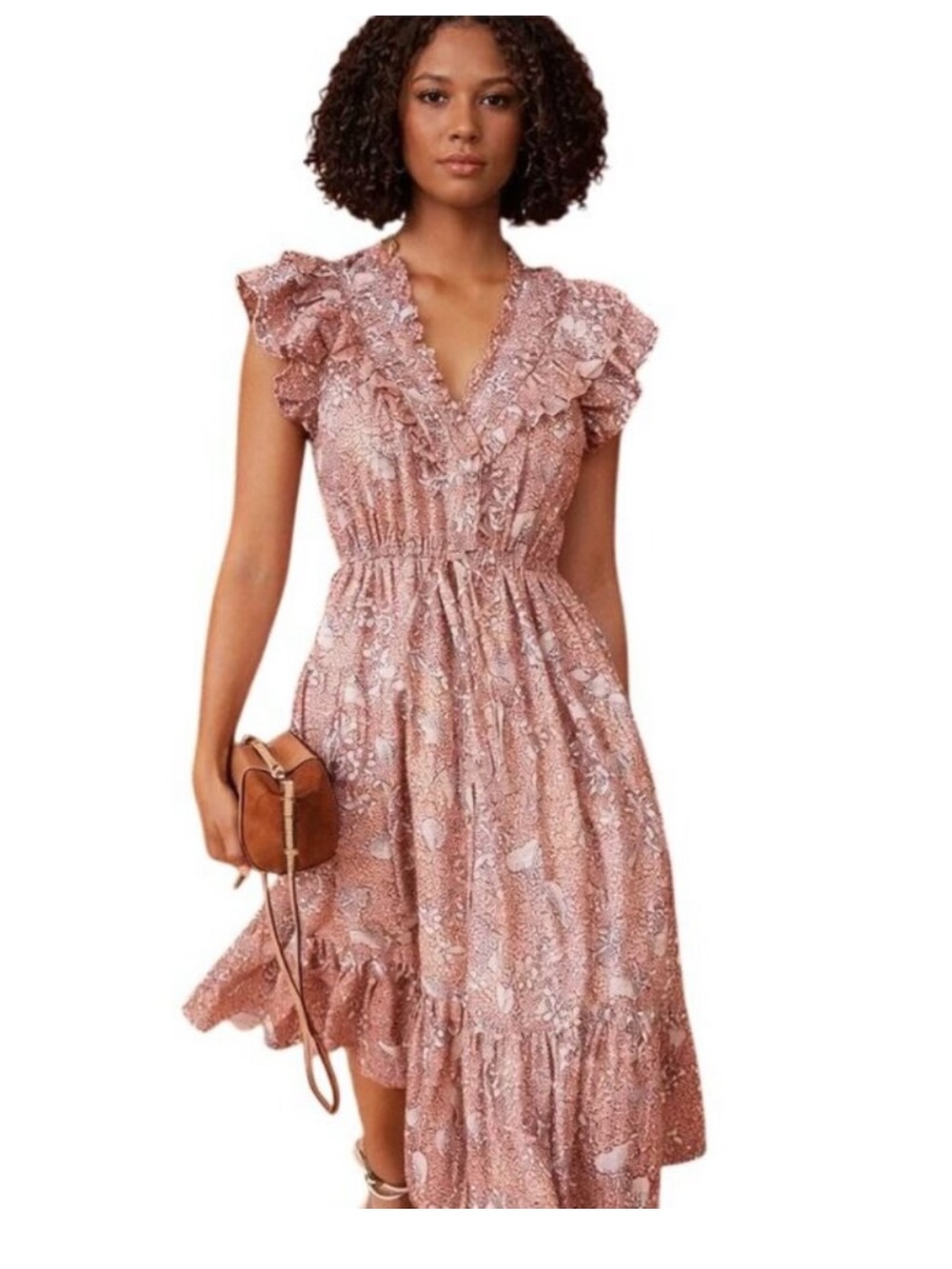 Ulla Johnson Romina Dusty Rose Floral Ruffle Midi Dress
